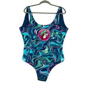 Bucee's One Piece Swimsuit Padded Blue Pink Marble Swirl Women's 2X Low Back NWT
